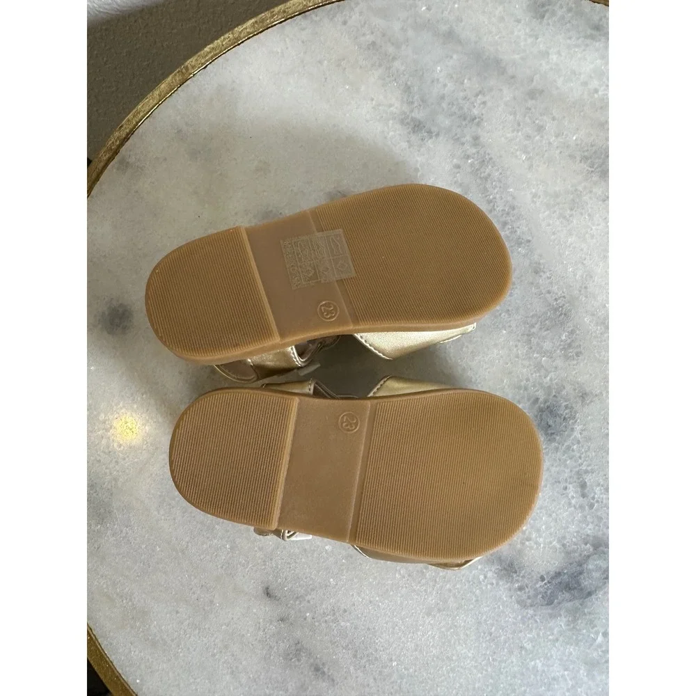 Girls Toddler Gold Metallic Bow Sandals Hook Loop Dress Shoes